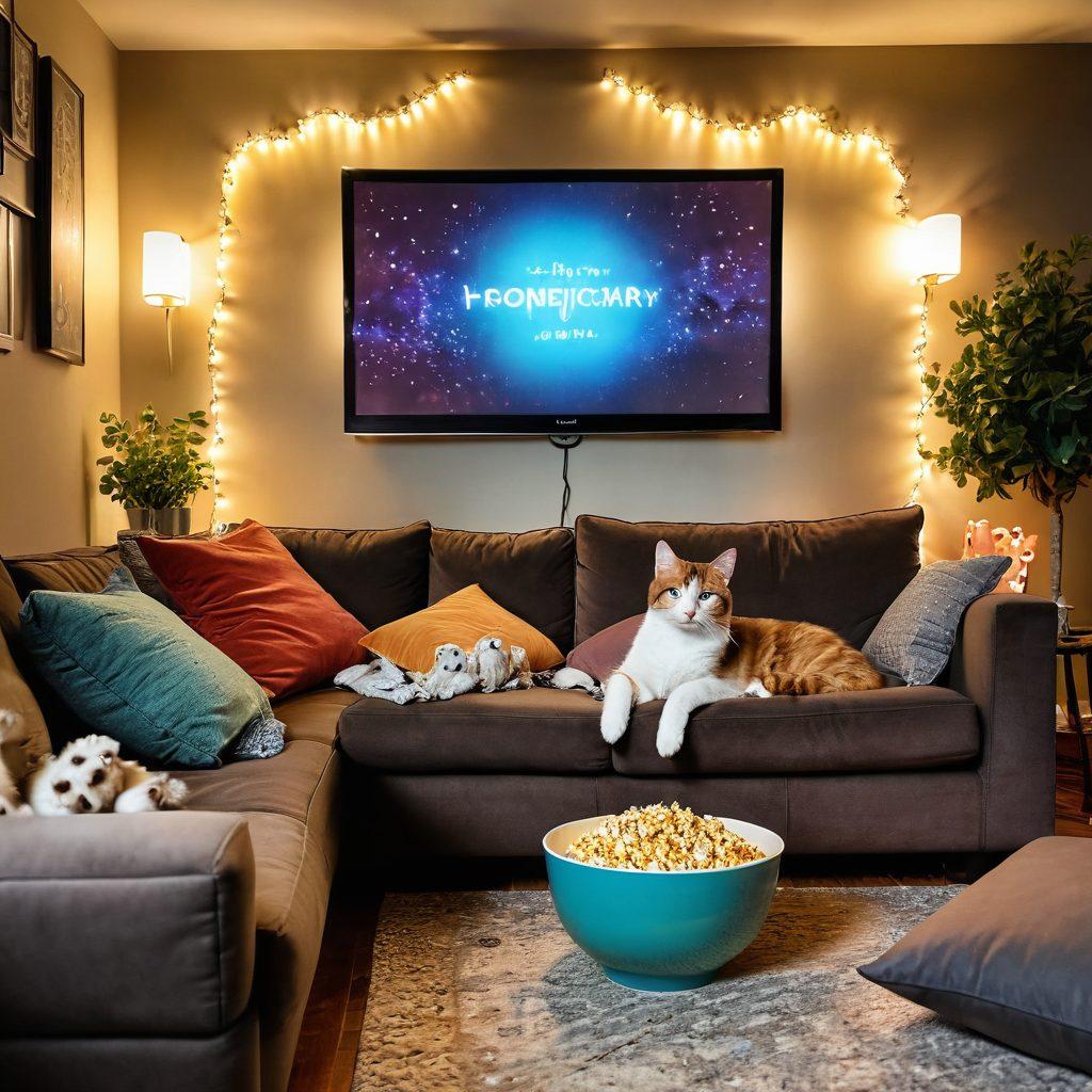 A cozy living room scene with a comfy couch, a bowl of popcorn on the table, and a projector illuminating a whimsical comedy film on the wall. Cheerful decorations like fairy lights and playful art add a lighthearted atmosphere. A cat curled up in the corner adds to the warmth of the setting. super-realistic. vibrant colors. cozy ambiance.