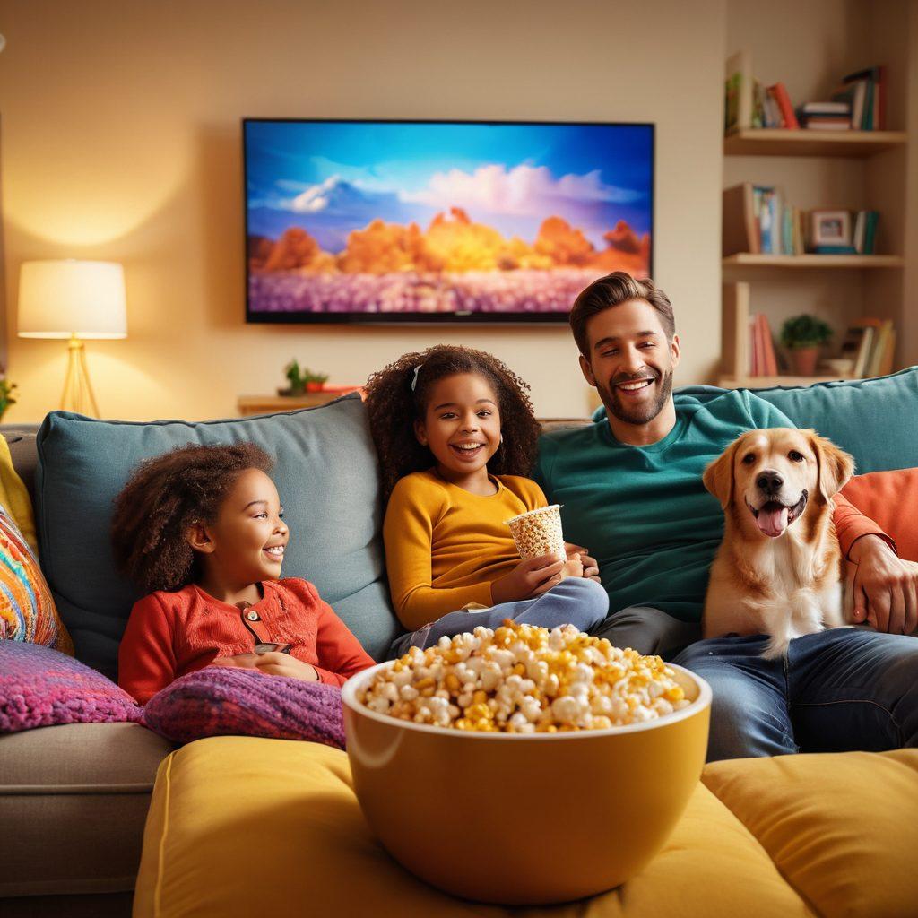 A cozy living room scene featuring a family of four sitting together on a comfortable couch, engaging with a large flat-screen TV displaying a colorful animated movie. The room is decorated with popcorn bowls, cozy blankets, and warm lighting, capturing a joyful atmosphere. Capture the expressions of happiness and excitement on their faces. Include a playful dog lying beside them, enhancing the family-friendly vibe. 3D illustration. vibrant colors. warm tones.