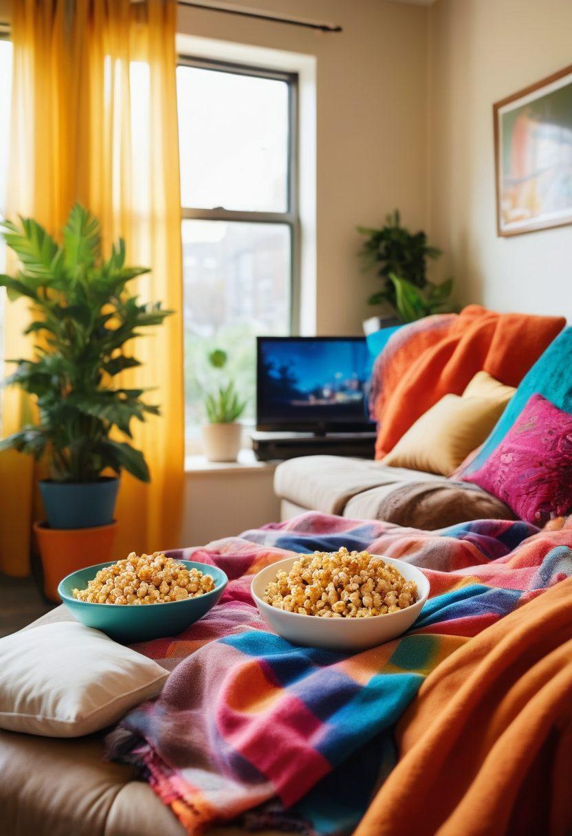 A cozy movie-watching setup featuring a well-worn sofa piled with colorful blankets and pillows, a large popcorn bowl at the center, and a bright TV screen displaying clips from iconic feel-good films. Soft, warm lighting creates an inviting atmosphere, with a window showing a sunny day outside and a few houseplants in the background. The scene should exude happiness and comfort. vibrant colors. cozy illustration.
